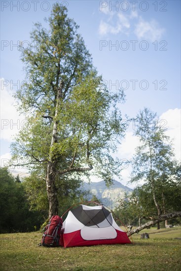 Tent with mountains in distance