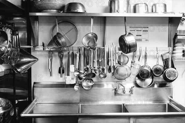 Dishes hanging above commercial kitchen sink