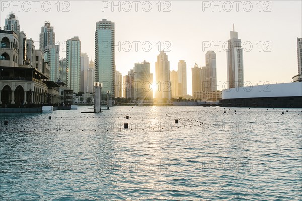 Sunset over city skyline