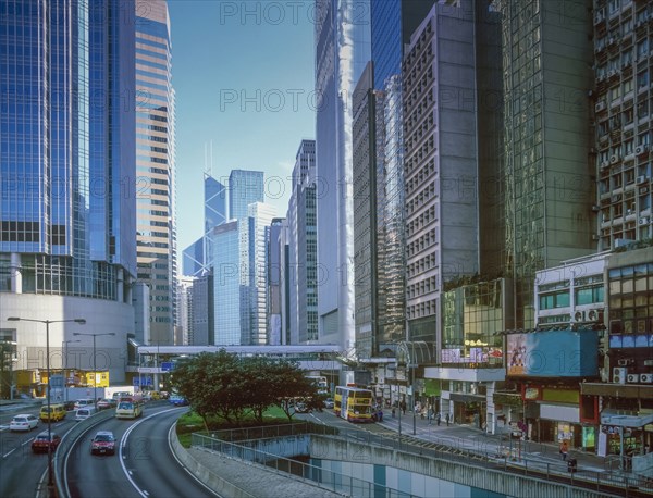 Highrise buildings over Hong Kong streets