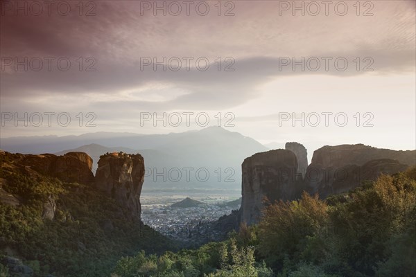 Aerial view of mountains and valley cityscape