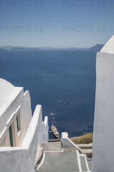 High angle view of Santorini buildings and ocean