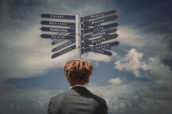 Caucasian businesswoman reading signpost