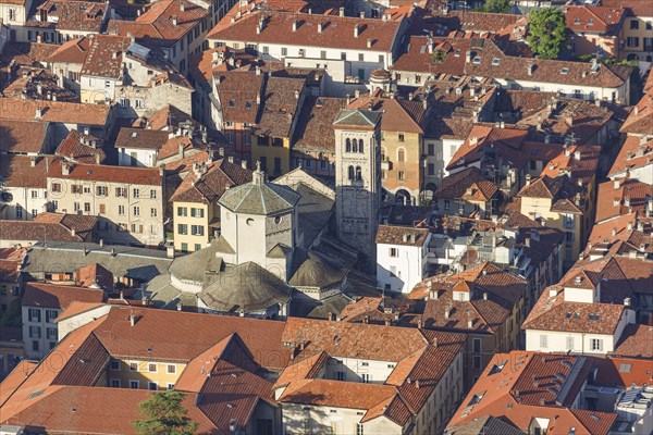 Aerial view of rooftops in Como cityscape