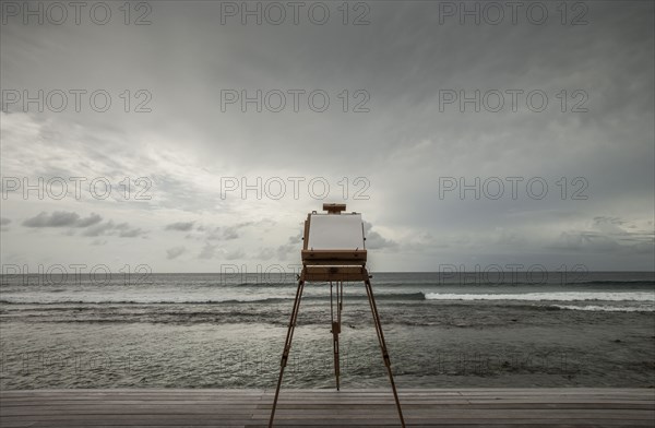 Vintage camera photographing seascape