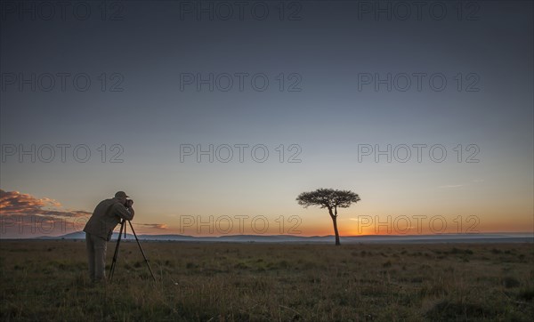 Caucasian photographer photographing tree in savanna