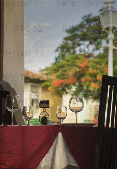 Wine glasses on restaurant table