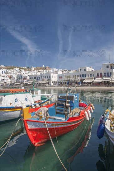 Boats anchored in Mykonos harbor