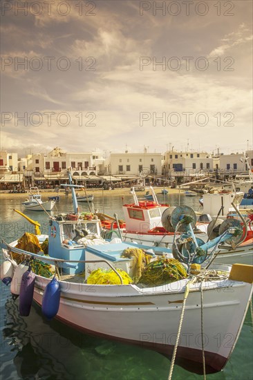 Boats anchored in Mykonos harbor