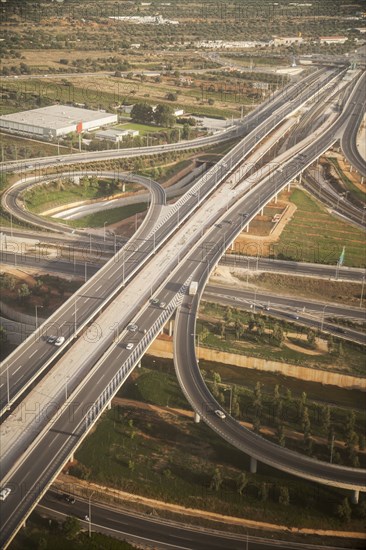 Aerial view of freeway roads in rural landscape