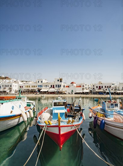 Boats anchored in Mykonos harbor