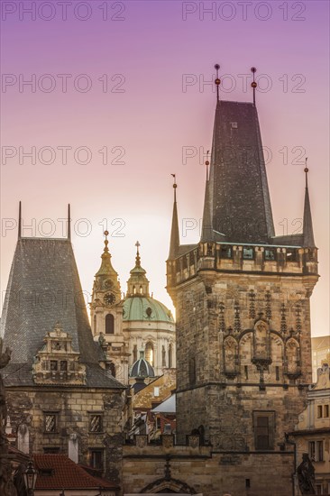Tower and ornate building roofs in cityscape