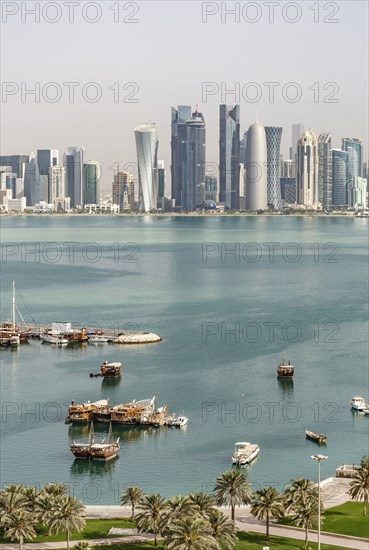 Aerial view of boats floating in Doha harbor