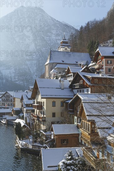 Scenic view of houses on lake shore