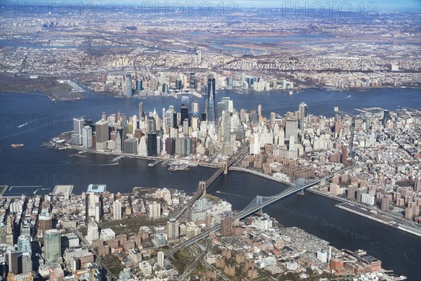 Aerial view of river and city