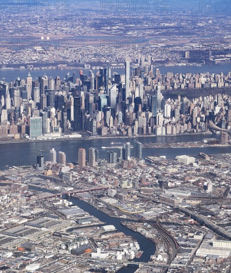 Aerial view of river and city