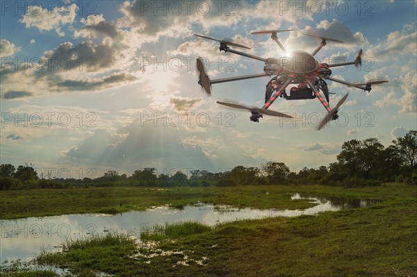 Drone hovering over swamp