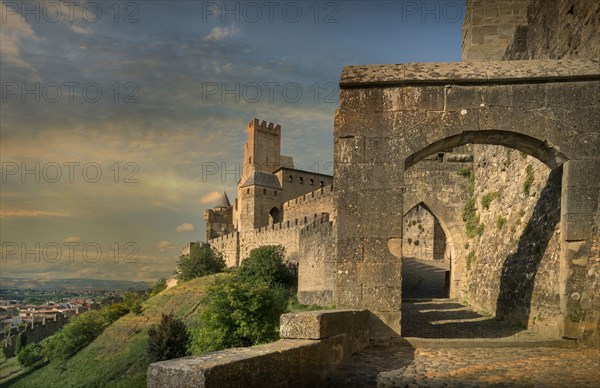 Arch entrance to castle in Carcassonne