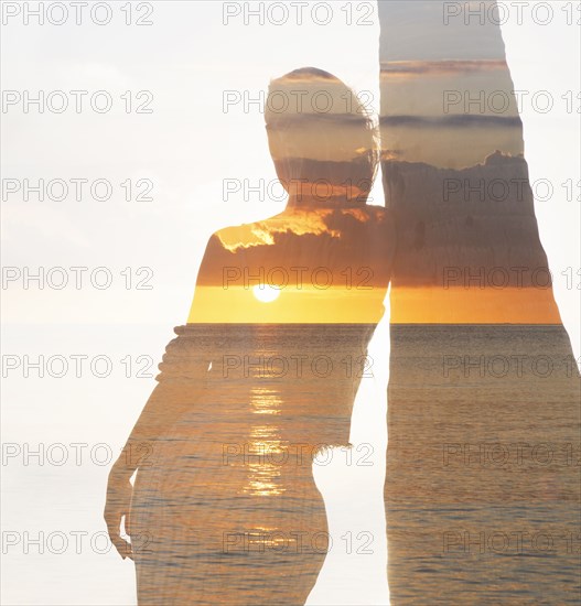 Multiple exposure of Caucasian woman leaning on palm tree near ocean