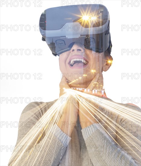 Caucasian woman wearing virtual reality goggles