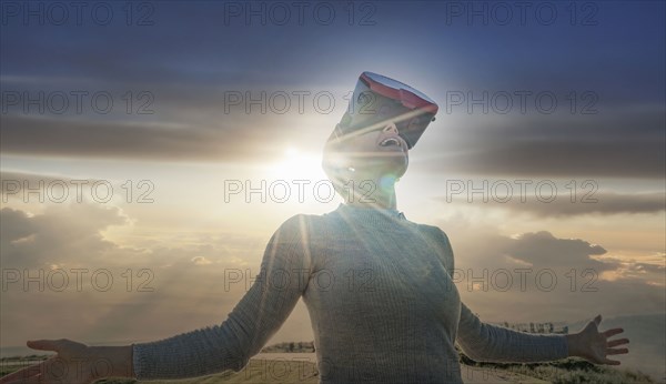 Caucasian woman wearing virtual reality goggles
