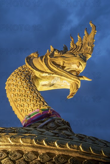 Ornate golden snake statue under cloudy sky