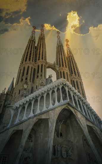 Sunbeams shining on towers of church