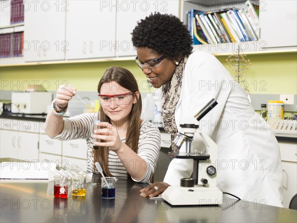 Student and teacher working in chemistry lab