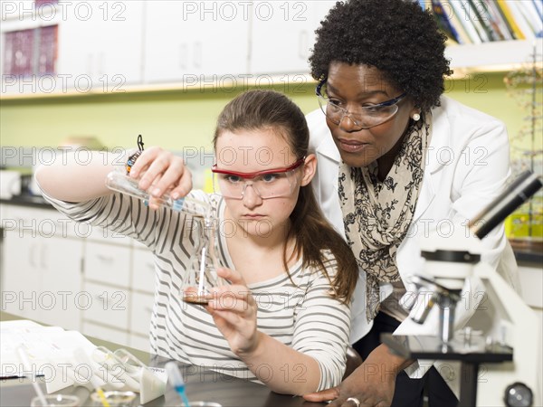 Student and teacher working in chemistry lab