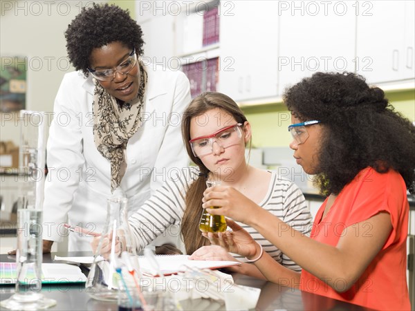 Students and teacher working in chemistry lab