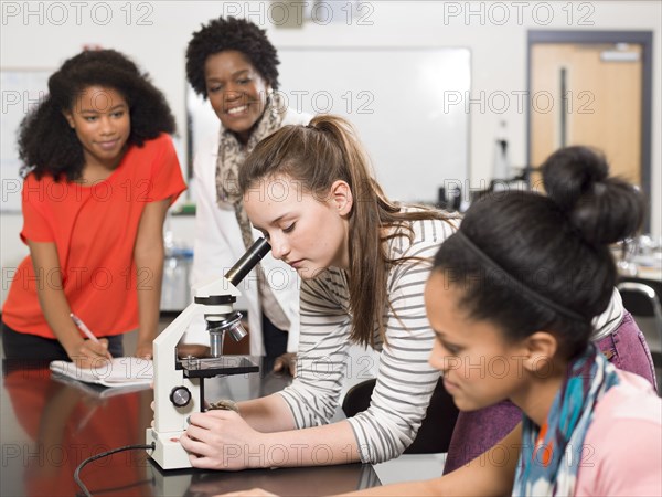 Students and teacher working in chemistry lab