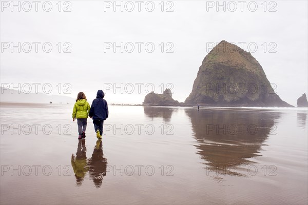 Caucasian children walking on beach