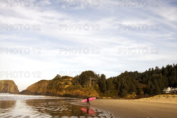 Surfer carrying board on beach