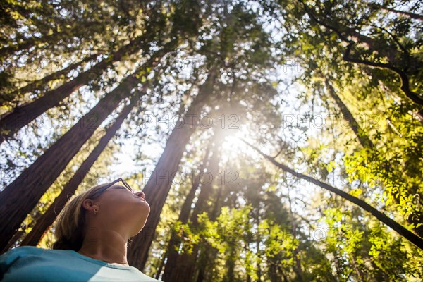 Caucasian woman standing in sunny forest