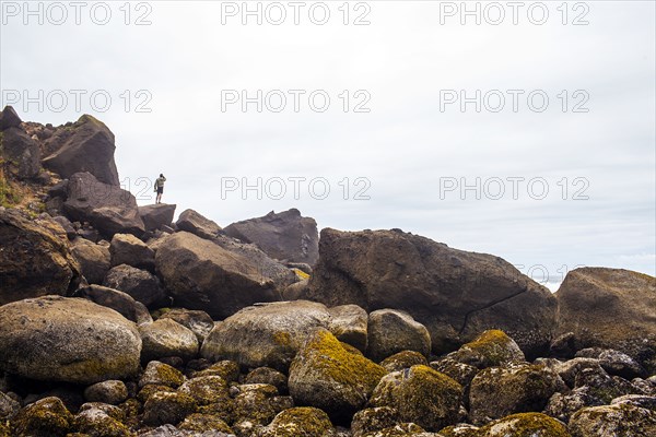 Person standing on mossy rocks on beach