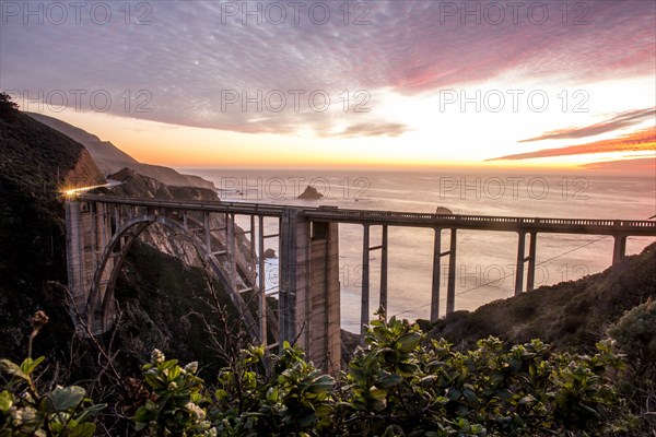 High angle view of Bixby Bridge and sunset sky