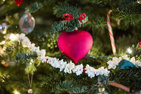 Close up of ornaments on Christmas tree