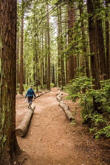 Caucasian woman balancing on log in forest