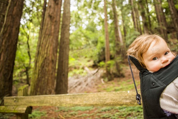 Caucasian baby girl riding in backpack in forest