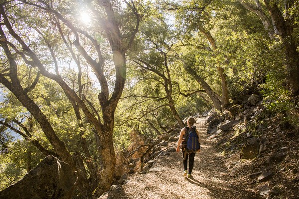 Caucasian woman walking in forest