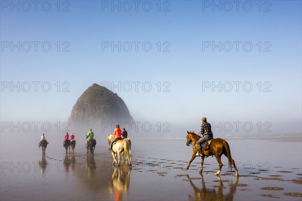 People horseback riding on beach