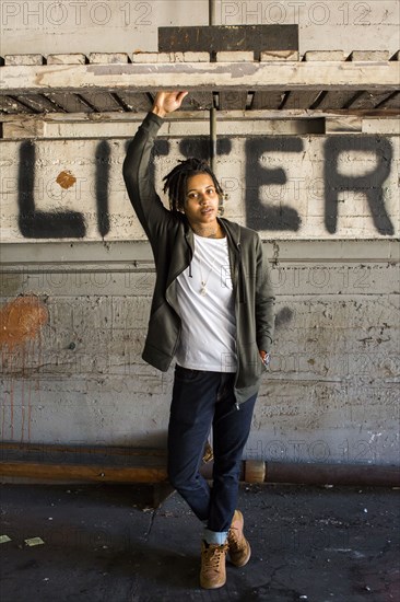 Portrait of serious androgynous Mixed Race woman