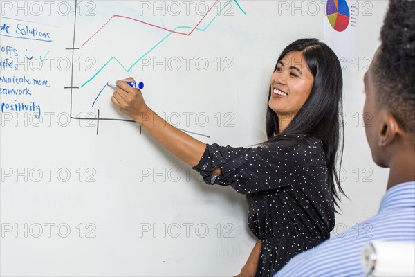 Woman drawing chart on whiteboard in meeting