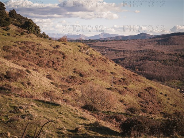 Fields and mountains in rural landscape