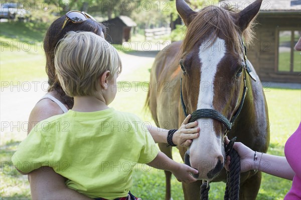 Caucasian mother and son petting horse in paddock