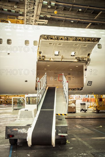 Conveyor belt leading to airplane cargo hold