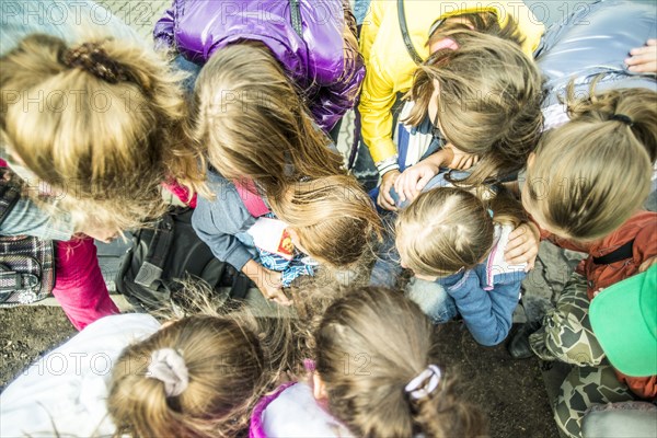 High angle view of heads of Caucasian children