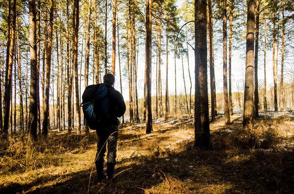 Caucasian hiker walking in forest