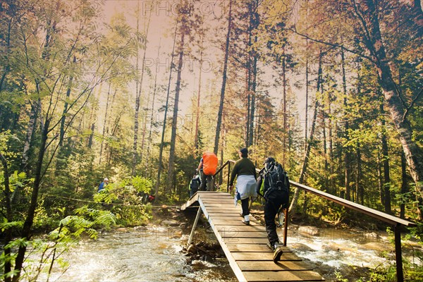 Backpackers hiking on bridge in forest