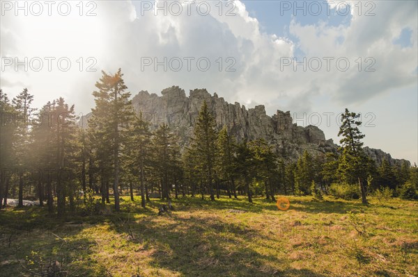 Rocky hilltop over forest in remote field